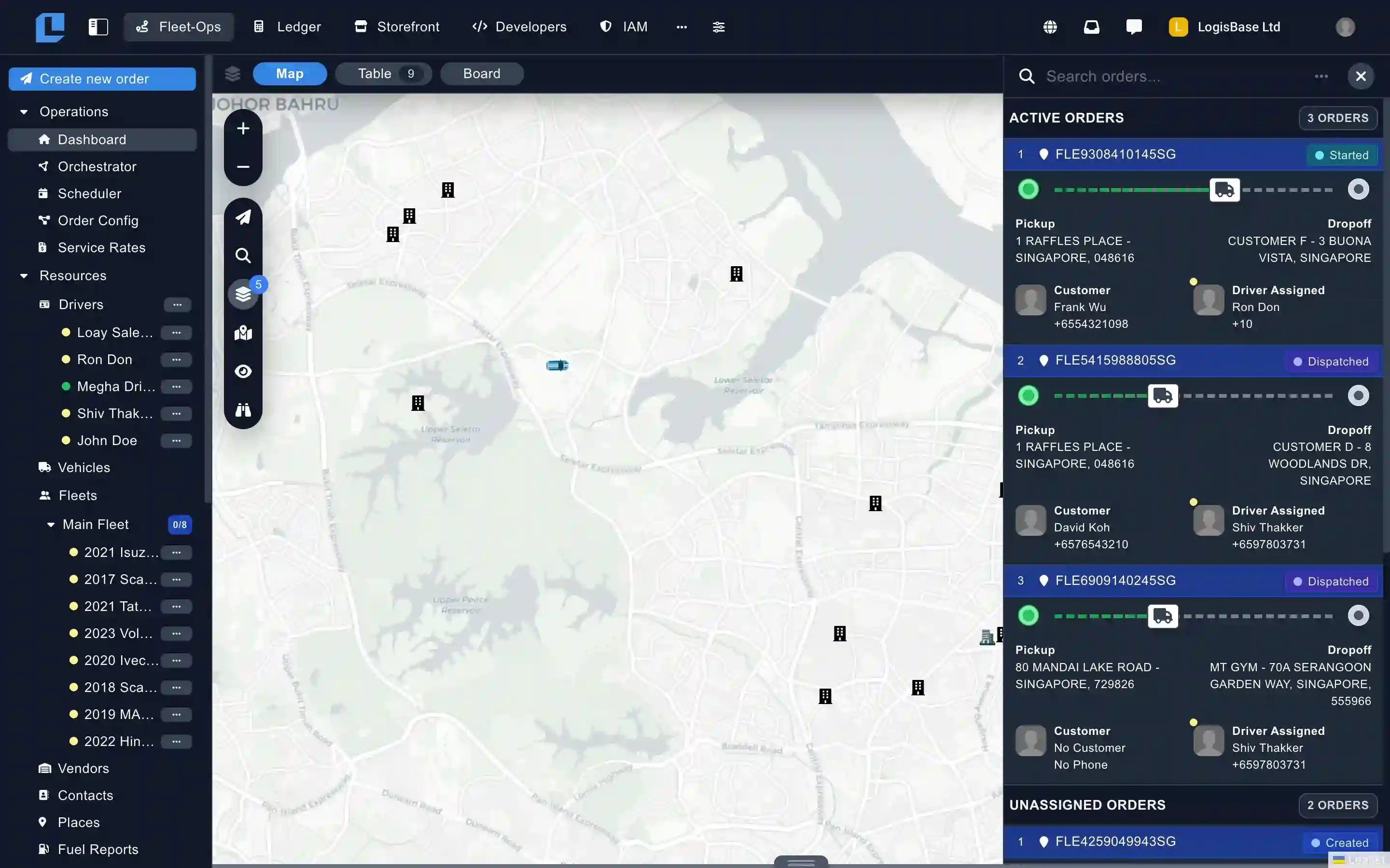 Fleet-Ops live operations dashboard showing real-time fleet map with driver positions, active orders, and route overlays