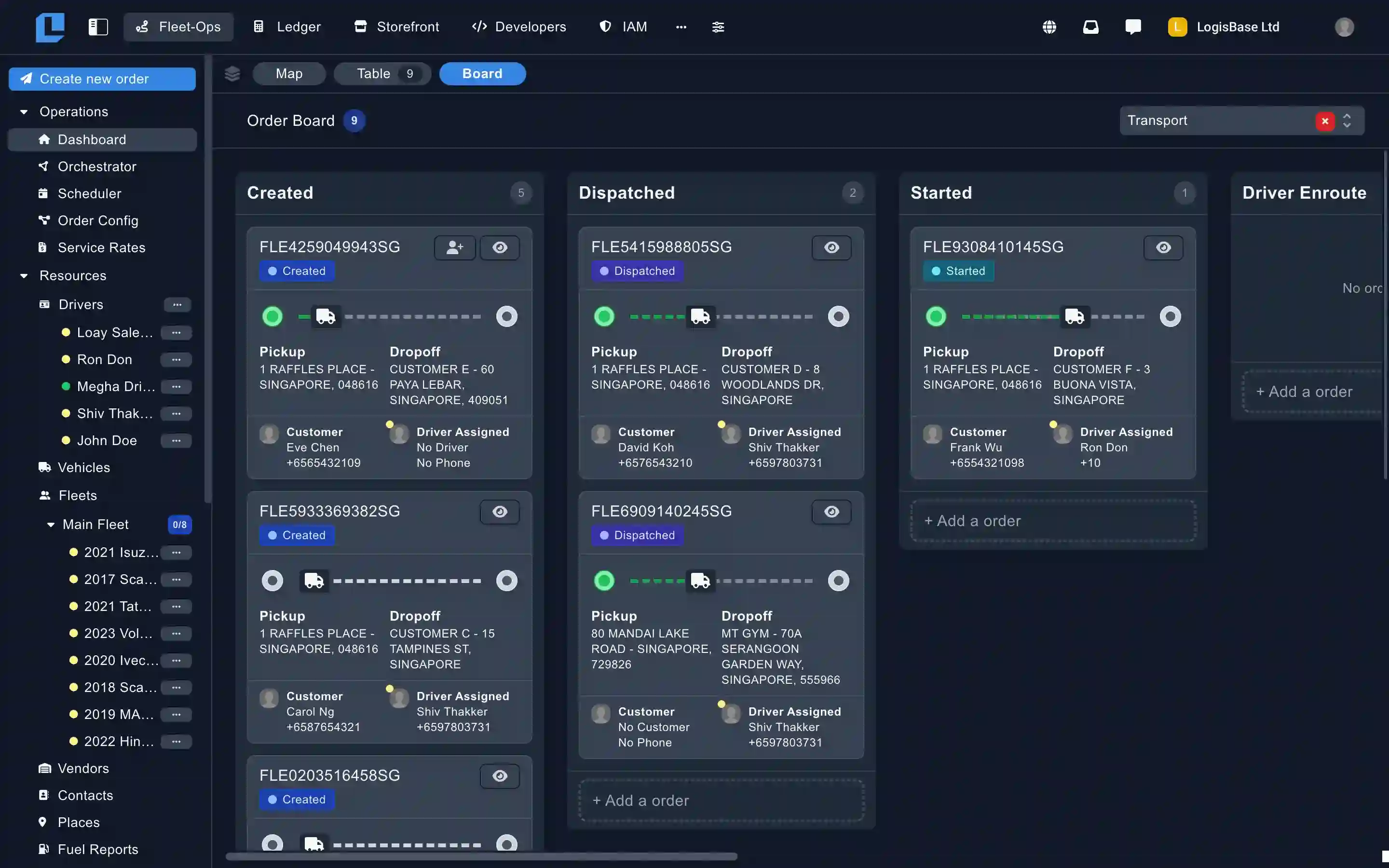 Fleet-Ops live order queue showing the kanban view with orders organised by status and driver assignment