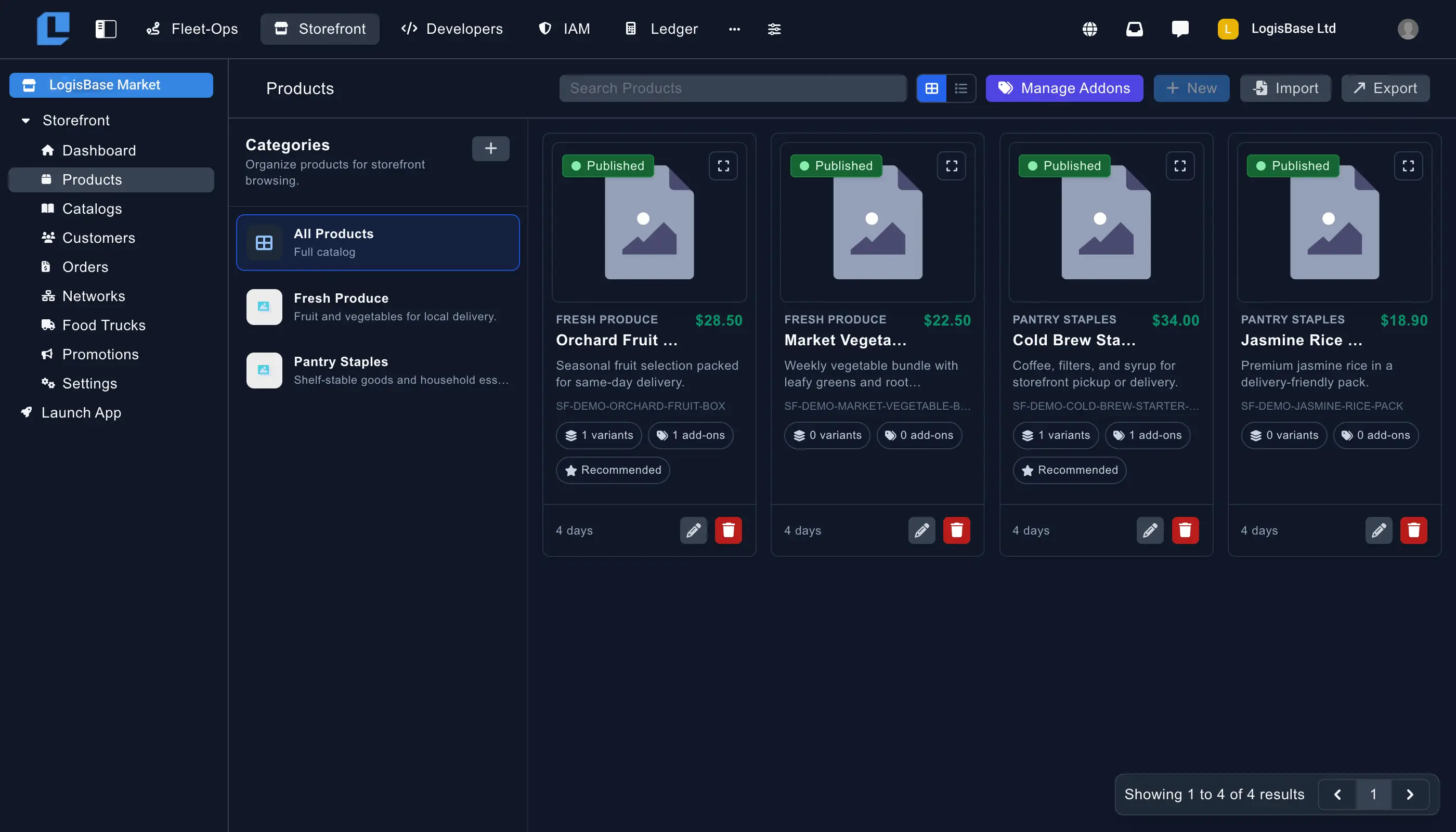 Storefront product overview showing catalog items with images, pricing, variants, and availability settings